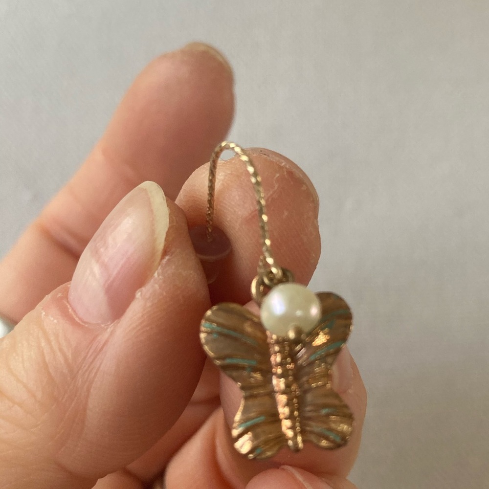 Gold Verdigris Butterfly Earrings with Freshwater Pearls